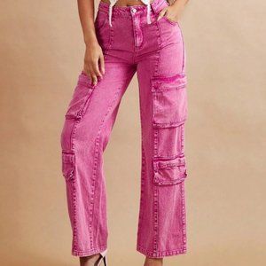 Casual Flap Pocket Cargo Denim Jeans Pink